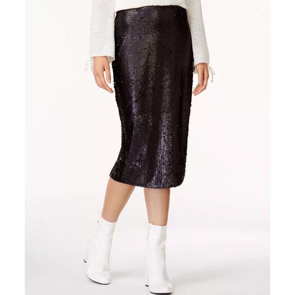 MINKPINK Bordeaux Black Sequin Paillette Rear Vent Midi Pencil Skirt Size XS NWT - Picture 4 of 6